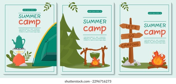 Un conjunto de afiches para acampar en verano, viajes, viajes, caminatas, turismo, naturaleza, viajes, picnic. Diseño de un afiche, banner, folleto, portada, oferta especial, publicidad. Ilustración del vector en un styl plano