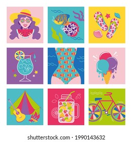 Set of posters with summer time symbols. Outdoor activities, vacation, beach, summer refreshment. Vector illustration, icon, sign,  poster, postcard, flyer, sale price tag, t-shirt print, shopping bag