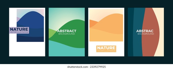Set of posters sunset in the mountains, abstract nature. Poster, flyer, banner template. Vector illustration, design element.