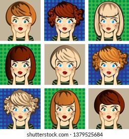 Set of posters with surprised woman. Vector illustration