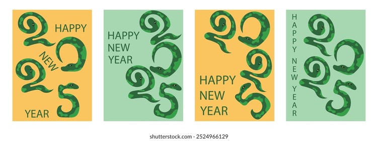 Set of posters with the symbol of the New Year 2025. Vector illustration of postcards, banners in the year of the Snake. Colored China zodiac animal serpent set