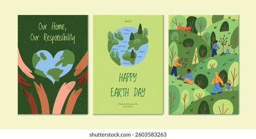 Set of posters with symbolic Earth in hands, planet with trees, and people planting forest. Concept of unity, reforestation, responsibility and harmony with nature. Flat vector illustration for Intern