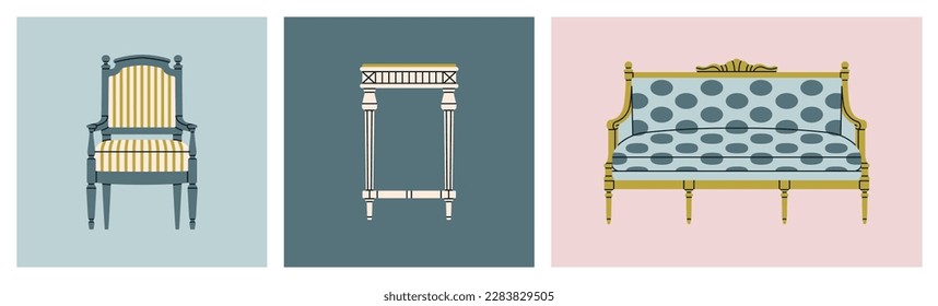 Set of posters with a table, sofa and an armchair. Antique furniture, Renaissance style. For museum and palace interiors. Room decoration. Hand draw vector illustration isolated on colorful background