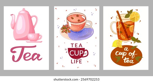 Set of posters with tea, teamug, teacup, lemon, mint, lettering. For poster, card, banner, discount, special offer. Vector illustration EPS10 
