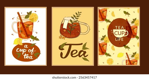 Conjunto de carteles con té, tetera, taza de té, limón, menta. Para el cartel, tarjeta, Anuncio, descuento, oferta especial. Ilustración vectorial EPS10 
