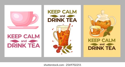 Conjunto de carteles con té, tetera, teamug, letras mantener la calma y beber té. Para el cartel, tarjeta, Anuncio, descuento, oferta especial. Ilustración vectorial EPS10 
