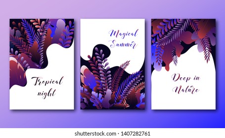 Set of posters template with bright gradient forest leaves and text. Magical forest summer night.  Modern design vector illustration. 
