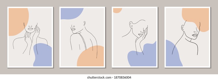 Plantilla de juego de afiches con figura femenina minimalista. Cuerpo femenino lineal y formas abstractas. Estilo de arte de línea abstracta moderno. Ilustración vectorial. 