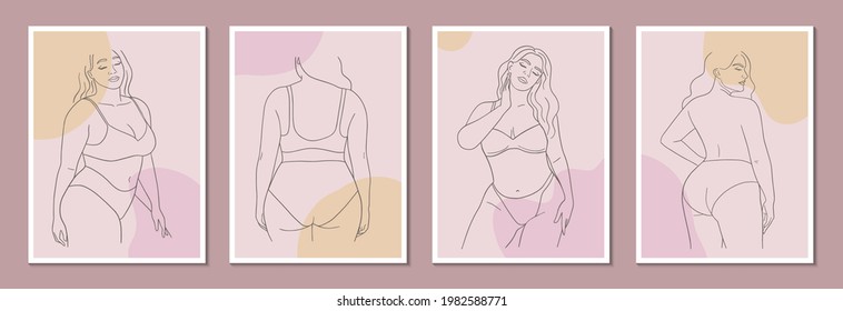 Plantilla de juego de afiches con figura femenina minimalista. Cuerpo femenino lineal y formas abstractas. Estilo de arte de línea abstracta moderno. Ilustración vectorial. 