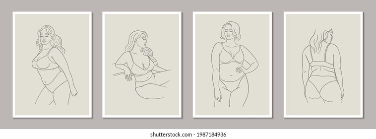 Set of posters template with minimalistic female figure. Linear female body. Modern abstract line art style. Vector illustration. 