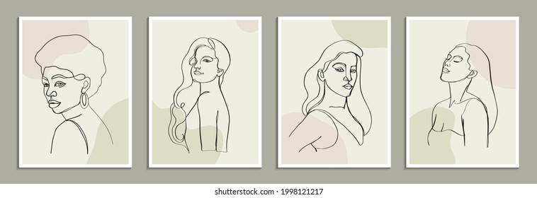 Set of posters template with minimalistic female figure. One line art female body and abstract shapes. Modern abstract line art style. Vector illustration. 