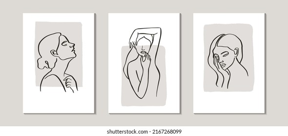 Set Of Posters Template With Minimalistic Female Figure. Linear Female Body And Abstract Shapes. Modern Abstract Line Art Style. Vector Illustration. 