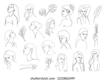 Set of posters template with minimalistic female figure. Woman portraits. One line art female body, faces. Modern abstract line art style. Vector illustration