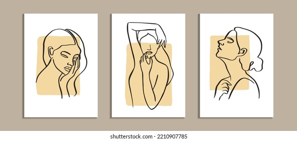 Plantilla de juego de afiches con figura femenina minimalista. Cuerpo femenino lineal y formas abstractas. Estilo de arte de línea abstracta moderno. Ilustración vectorial. 