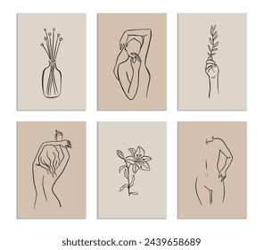 Set of posters template with minimalistic female figure. Linear female body and floral elements. Modern abstract line art style. Minimal wall art. Vector illustration. 