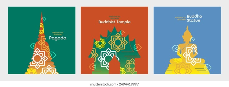 A set of posters of Thai temple buildings decorated with Thai patterns.