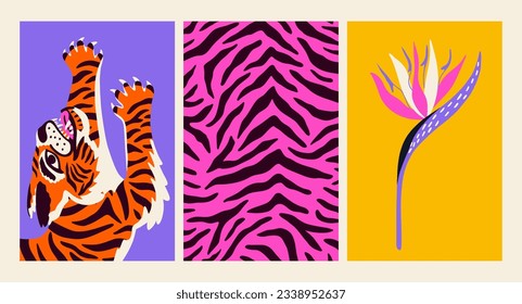 Set of posters with tiger, strelitzia on groovy background. Design for trippy cards. Cartoon vector illustration for cover, postcard, stickers, t shirt. 