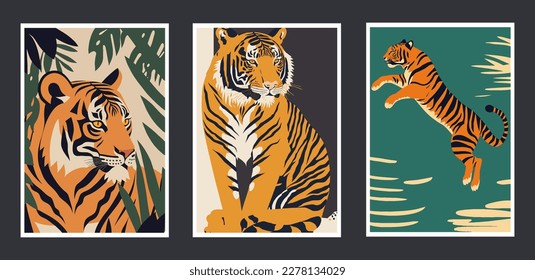 Set of posters with tigers. Vector illustration in a flat style. wall art print poster