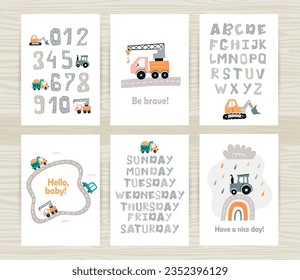 Set of posters with Track road alphabet and numbers. Perfect for kids bedroom, nursery decoration, posters and wall decorations