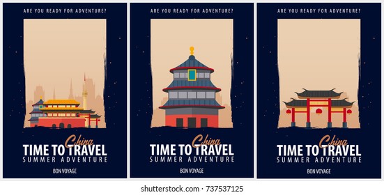 Set of Posters Travel to China. Journey, trip and vacation. Vector travel illustration