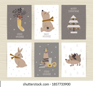 Set of posters with tree, cute animals and inscriptions. Perfect for kids bedroom, invitation cards, posters and wall decorations