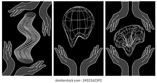 Set posters with trendy 3D Abstract Distorted Shapes. Collection banner design with Wireframe Liquid Forms. Y2K artistic vector aesthetic for Web card, background, poster