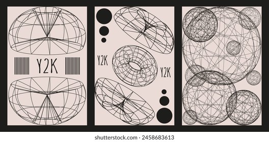 Pósters con Formas de moda en 3D. Anuncios de Vertical de colección con formas geométricas 3D. La estética del Vector del Y2K puede utilizar el Web y la tarjeta de medios sociales, el folleto, el cartel. EPS 10 