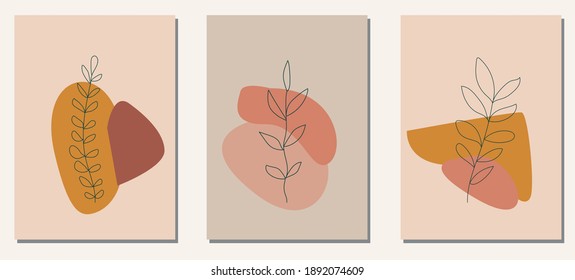 A set of posters in trendy boho colors. Hand drawn Abstract elements flowers and leaves. Collection of contemporary art posters. Minimalism style. Trendy design for social media, postcards, print. 