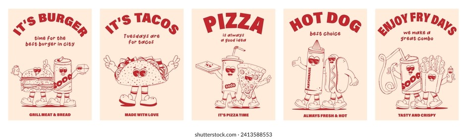 Set of Posters with trendy retro cartoon fast food characters in linear style without shading. Modern cartoon style. Mascots for bar, restaurant menu. Vector illustration.