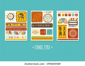 Set of posters with tribal ornaments of red, yellow, blue and brown colors. Collection of vertical cards with ethnic patterns. Vector illustration EPS10