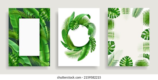 Set posters with tropical 3D realistic leaves, frames design elements. Vector borders with spare place for text, floral jungle foliage of exotic green palm trees, Hawaii or Brazil beautiful branches