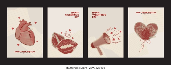 Set of posters for Valentine's Day. Contemporary art collage for Valentine's Day with halftone heart, loudspeaker. Retro vector illustration with fingerprints in shape of heart and print of lips.