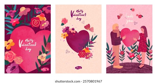 Set of posters for Valentine's Day. Couple in love, big heart, flowers. Vertical, watercolor texture.