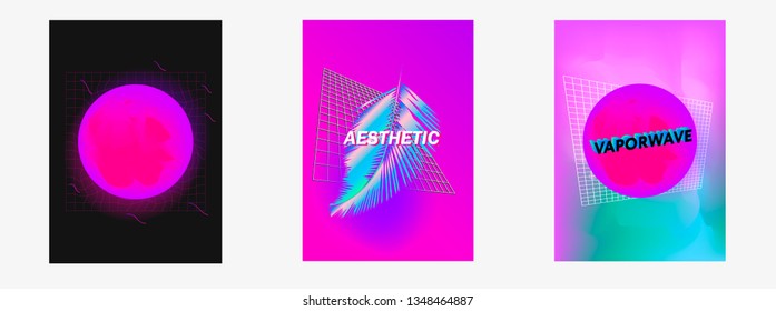 Set of posters Vaporwave, seapunk, synthpop style, neon aesthetics of 80s. Tropical summer theme.