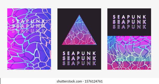 Set of posters in vaporwave, seapunk, synthpop style, neon aesthetics of 80s-90s. Swimming pool bottom caustics ripple and flow with waves at overhead view.