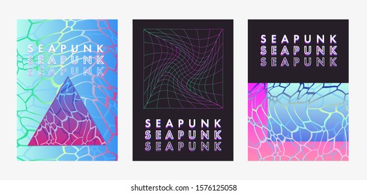Set of posters in vaporwave, seapunk, synthpop style, neon aesthetics of 80s-90s. Swimming pool bottom caustics ripple and flow with waves at overhead view.