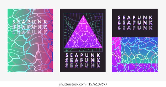 Set of posters in vaporwave, seapunk, synthpop style, neon aesthetics of 80s-90s. Swimming pool bottom caustics ripple and flow with waves at overhead view.