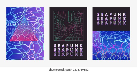 Set of posters in vaporwave, seapunk, synthpop style, neon aesthetics of 80s-90s. Swimming pool bottom caustics ripple and flow with waves at overhead view.
