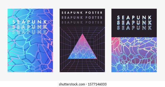 Set of posters in vaporwave, seapunk, synthpop style, neon aesthetics of 80s-90s. Swimming pool bottom caustics ripple and flow with waves at overhead view.