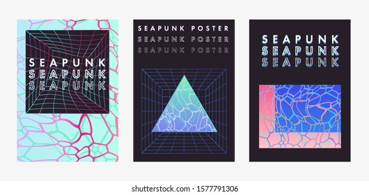 Set of posters in vaporwave, seapunk, synthpop style, neon aesthetics of 80s-90s. Swimming pool bottom caustics ripple and flow with waves at overhead view.