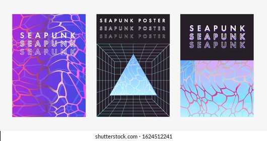 Set of posters in vaporwave, seapunk, synthpop style, neon aesthetics of 80s-90s. Swimming pool bottom caustics ripple and flow with waves at overhead view.