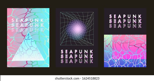 Set of posters in vaporwave, seapunk, synthpop style, neon aesthetics of 80s-90s. Swimming pool bottom caustics ripple and flow with waves at overhead view.