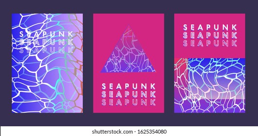 Set of posters in vaporwave, seapunk, synthpop style, neon aesthetics of 80s-90s. Swimming pool bottom caustics ripple and flow with waves at overhead view.