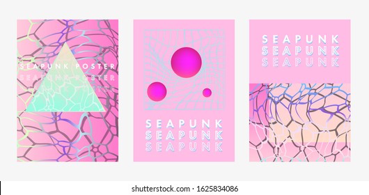 Set of posters in vaporwave, seapunk, synthpop style, neon aesthetics of 80s-90s. Swimming pool bottom caustics ripple and flow with waves at overhead view.