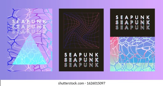 Set of posters in vaporwave, seapunk, synthpop style, neon aesthetics of 80s-90s. Swimming pool bottom caustics ripple and flow with waves at overhead view.