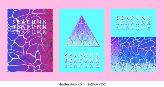 Set of posters in vaporwave, seapunk, synthpop style, neon aesthetics of 80s-90s. Swimming pool bottom caustics ripple and flow with waves at overhead view.