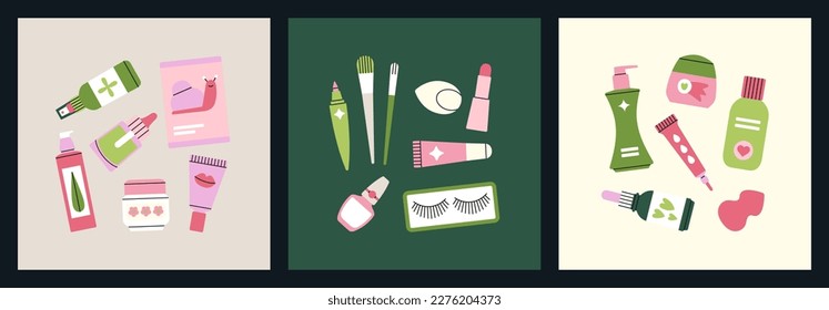 Set of posters with various beauty products like face cleanser, moisturizer, cream, nail polish, eye liner etc. Cute vector illustrations. Korean cosmetic. Beauty procedure, spa and self care concept