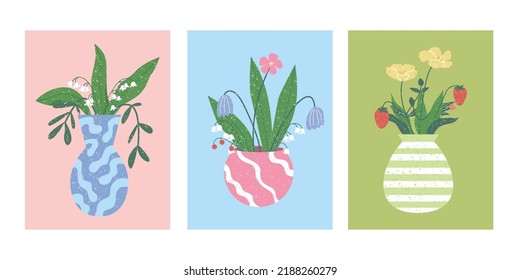 Set posters Vase with Flowers. Bouquet of spring flowering plants. Lovely lilies of the valley in a vase. Hand drawn illustration on isolated background. Template for postcard.