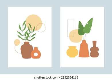 Set of posters with vases and branches and abstract shapes. Modern minimalist style. Perfect for cards, decorations, cover design. Vector illustration