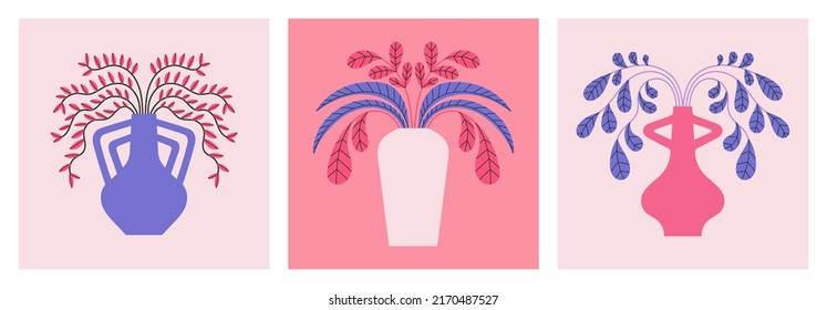 Set of posters. Vases with plants and leaves. 
Home decoration, ceramics and botany concept.Can be used in poster, print, card or social media design. Hand drawn vector illustrations in trendy colors.